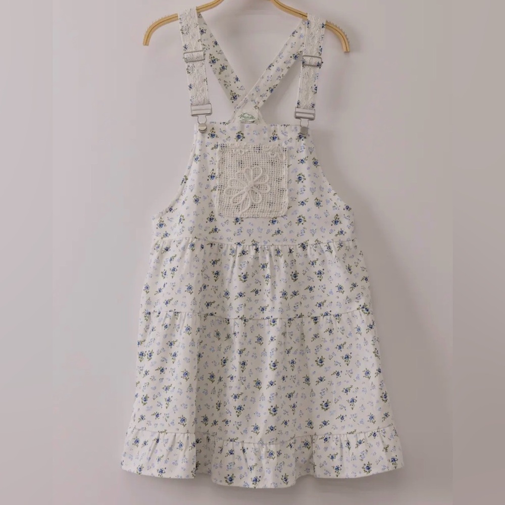 Lace Detail Floral Printed Overall Mini Dress - Blue Mix